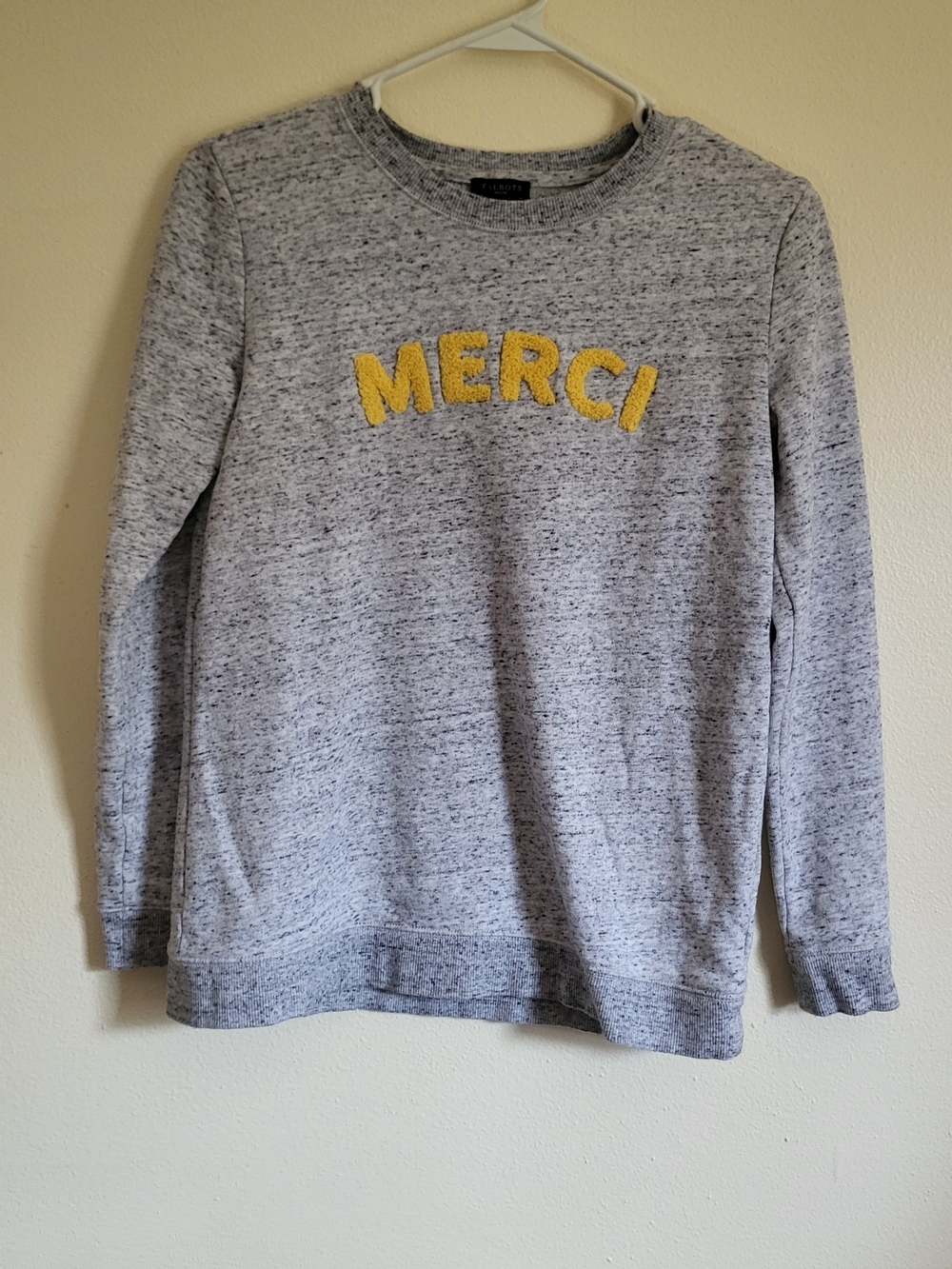 Talbots Grey Crewneck Sweater with Yellow MERCI Applique